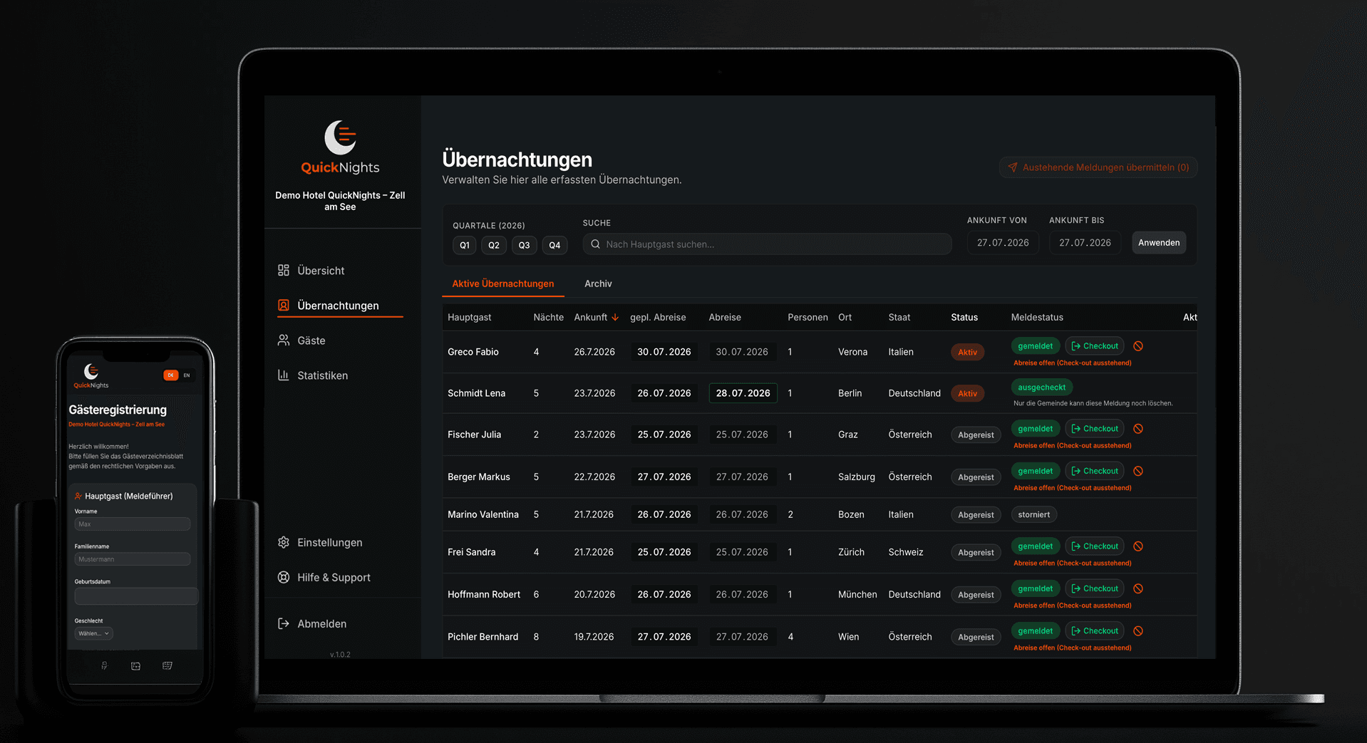 QuickNights — Übernachtungen-Dashboard auf Laptop und Gästeregistrierung am Smartphone